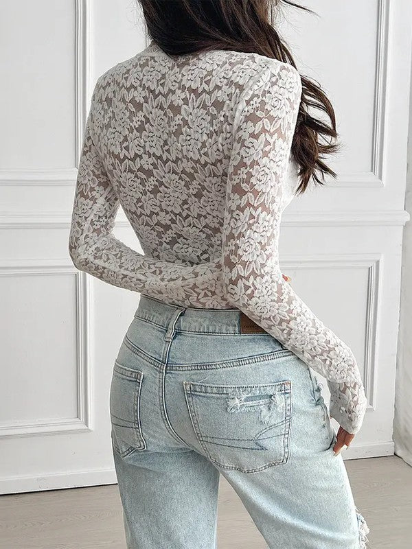 White Lace  Mesh  Tie-Front Top Women's Boho Style