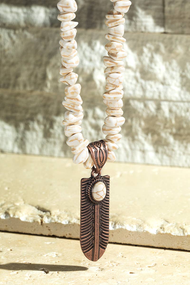 Semi Stone Feather Pendant Necklace: Turquoise(TQS) / OS