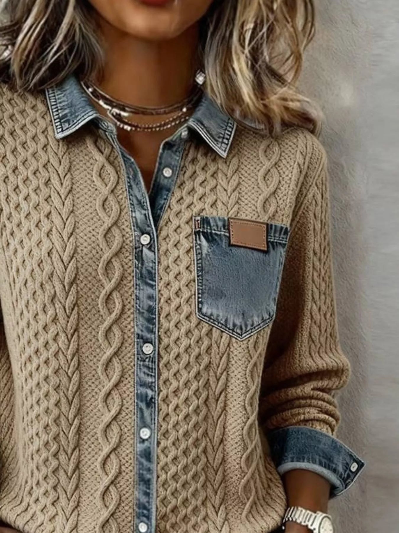 Denim Trim Cable Knit Cardigan