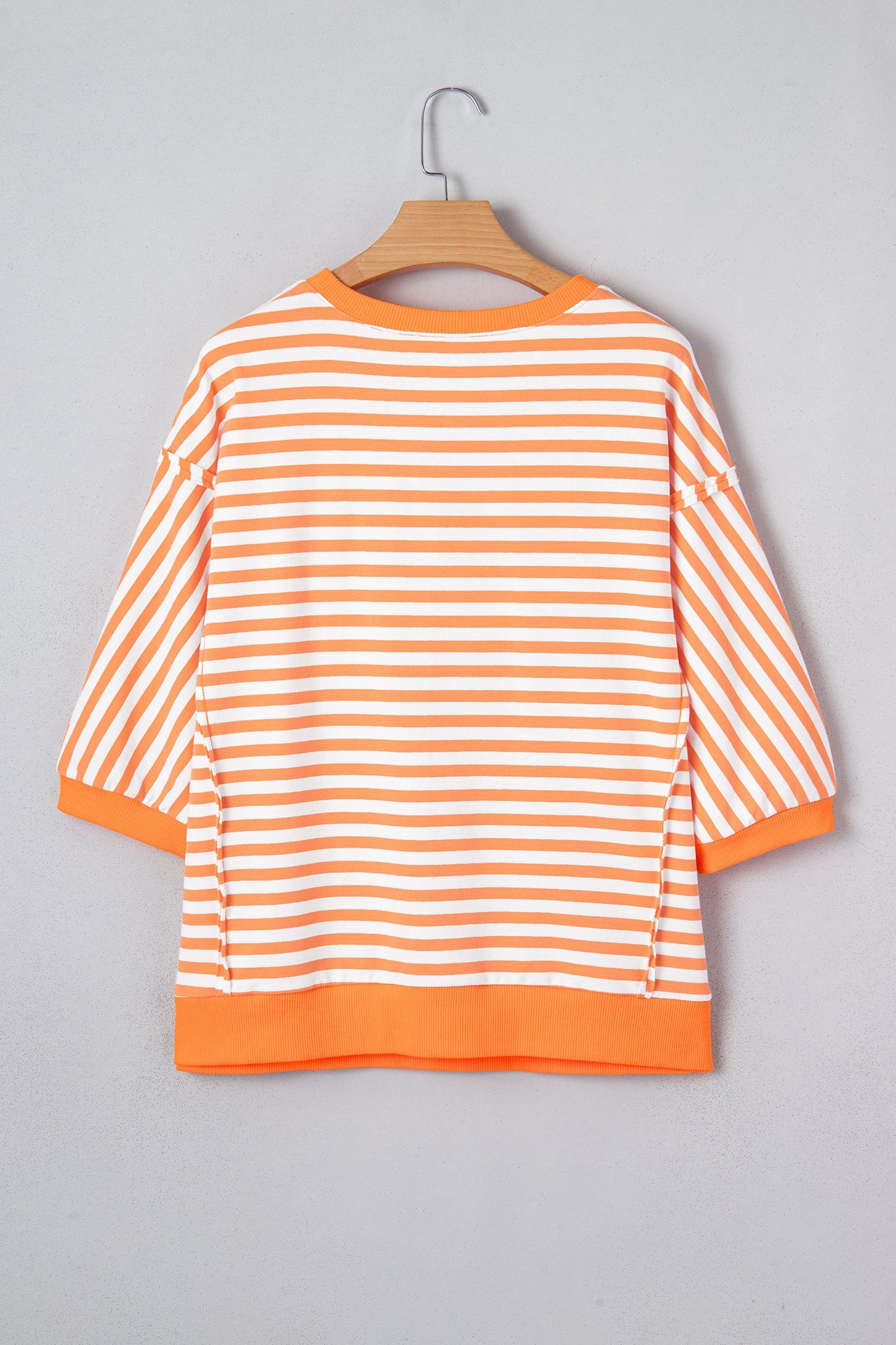 Orange Stripe 3/4 Sleeve Exposed Seam Patchwork Pullover Top