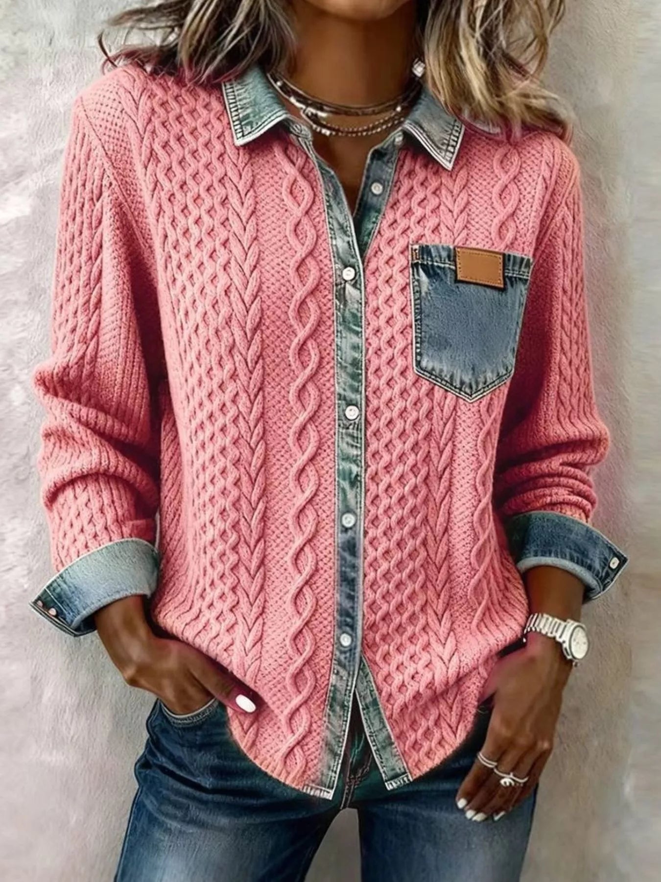 Denim Trim Cable Knit Cardigan