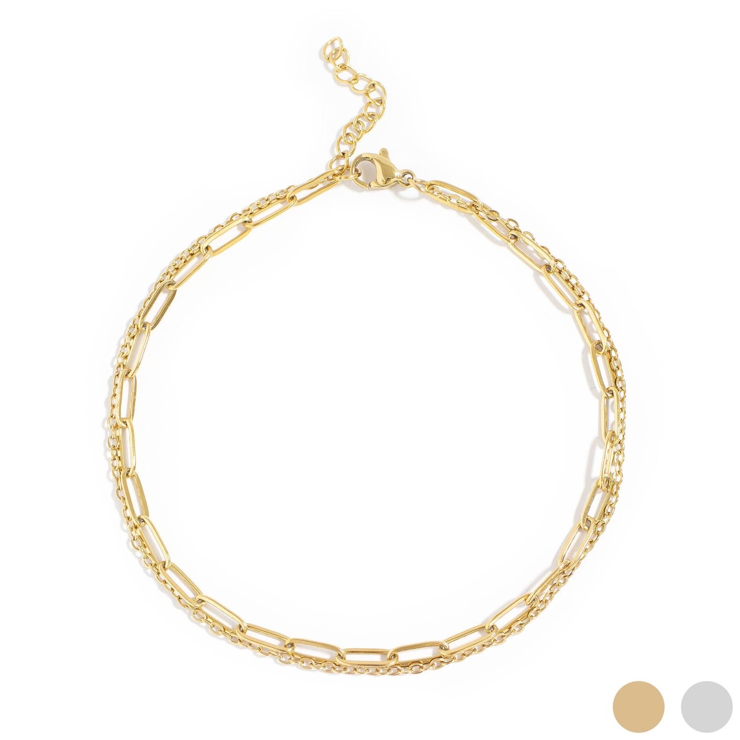 2 Row Stainless Steel Loop and Paperclip Chain Anklet: Gold