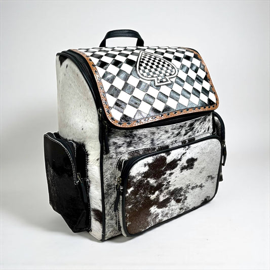 Aces Checker Tooled & Cowhide Backpack 