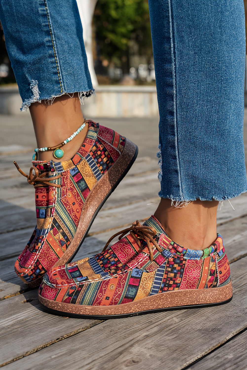 Racing Red Lightweight Boho Patchwork Lace Up Shoes