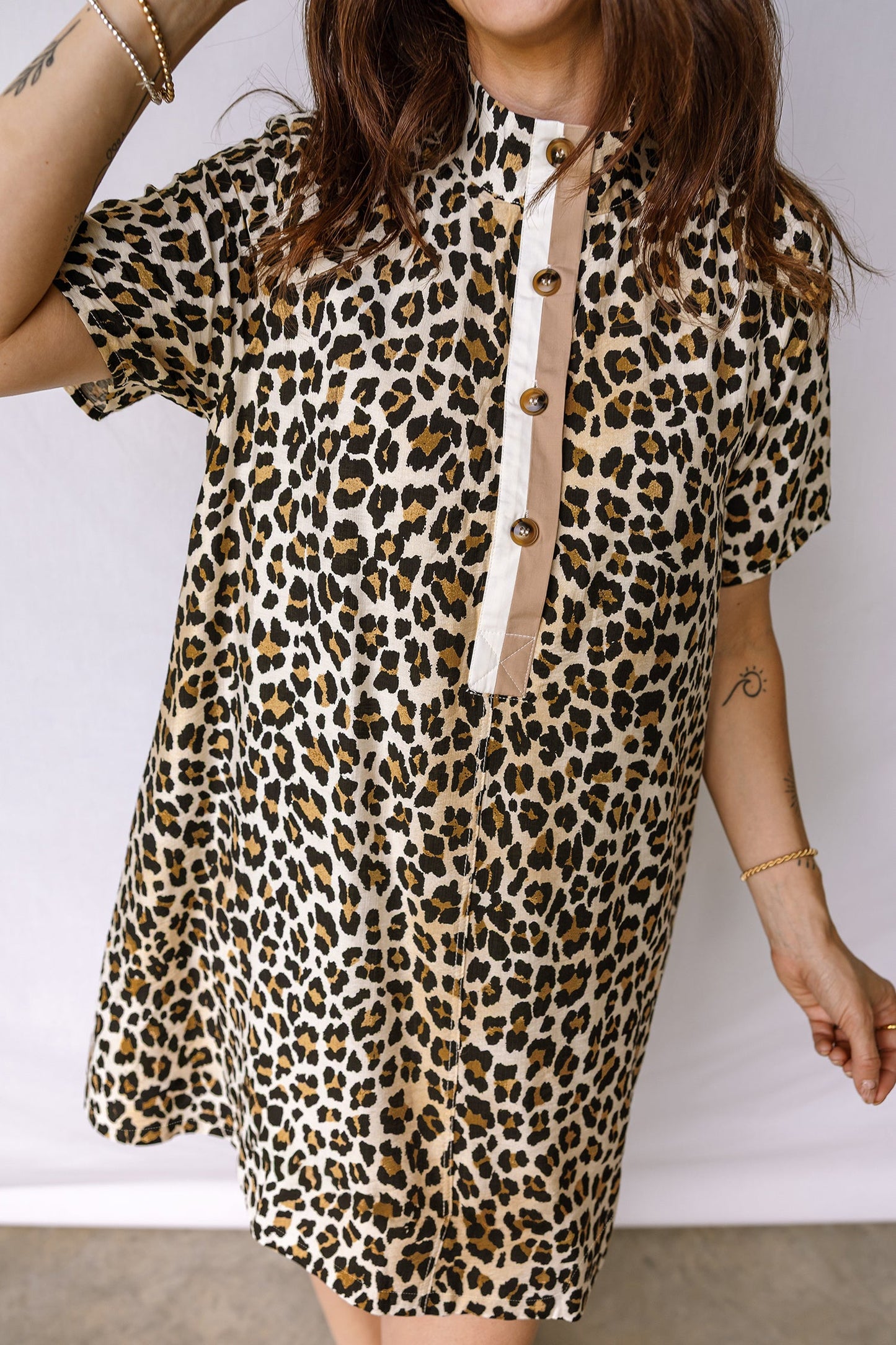 Leopard Half Buttoned Short Sleeve Mini Dress