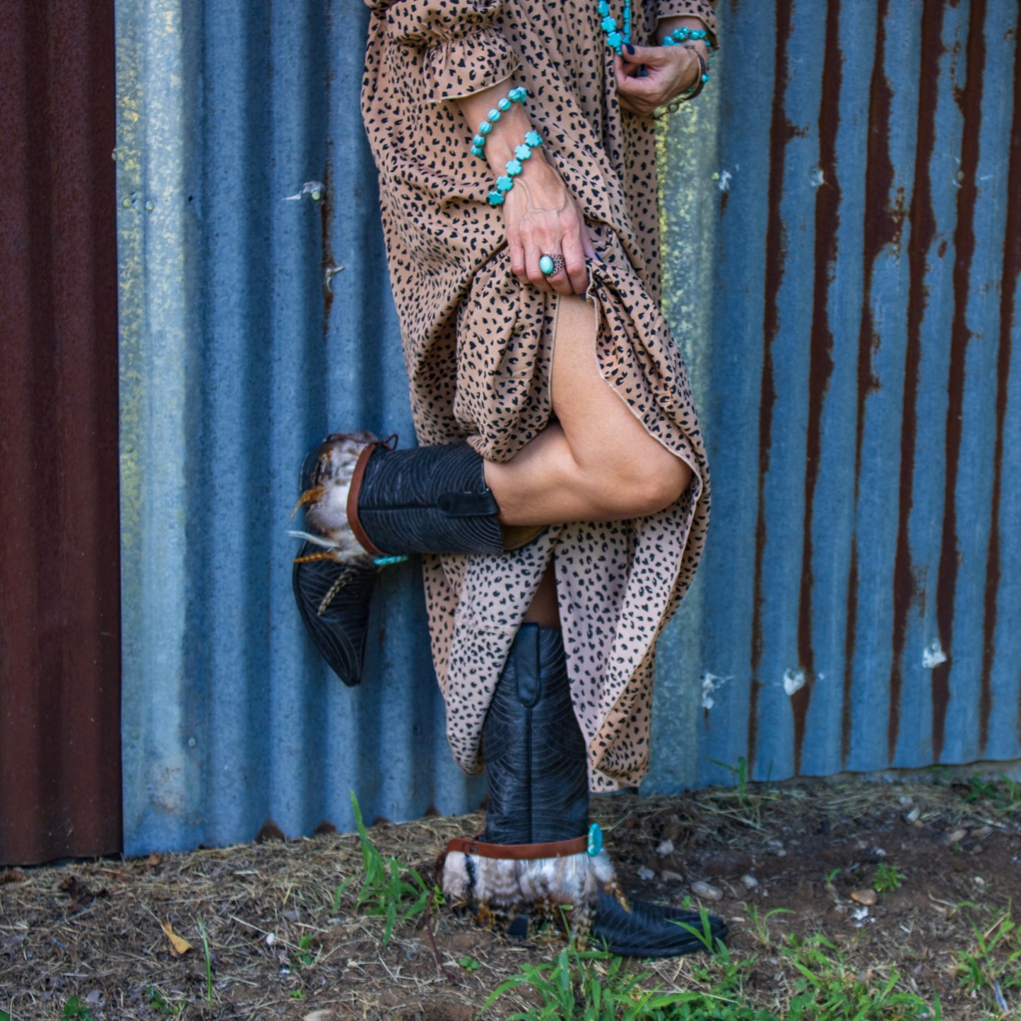 Boho Western Boot Wrap Cuff w/ Feathers & Turquoise 500f