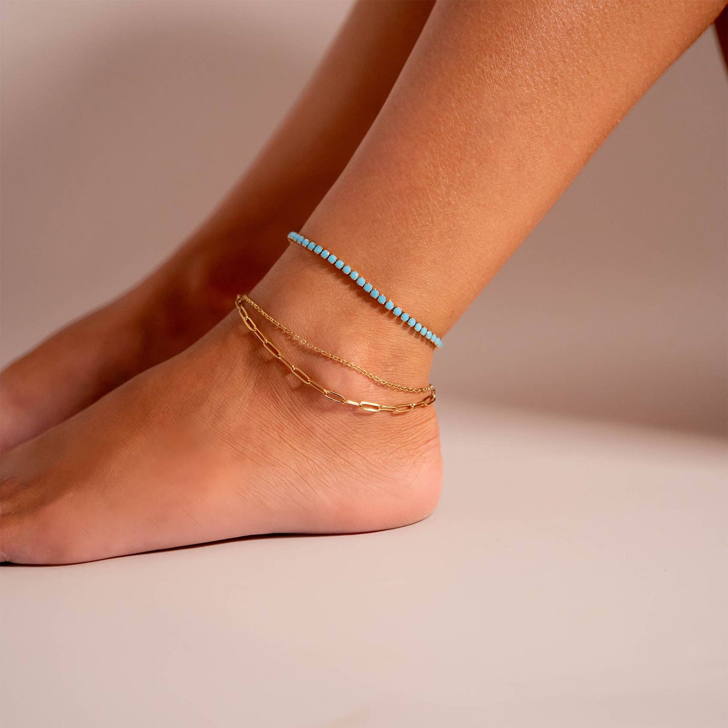 2 Row Stainless Steel Loop and Paperclip Chain Anklet: Gold