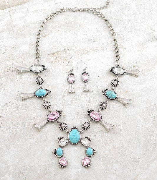 Glass Stone Squash Blossom Necklace Set: Multi