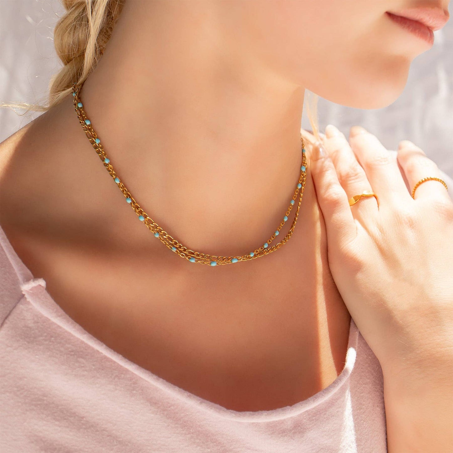 18K Gold Stainless Steel Turquoise Chain Necklace: Gold / 16+2"