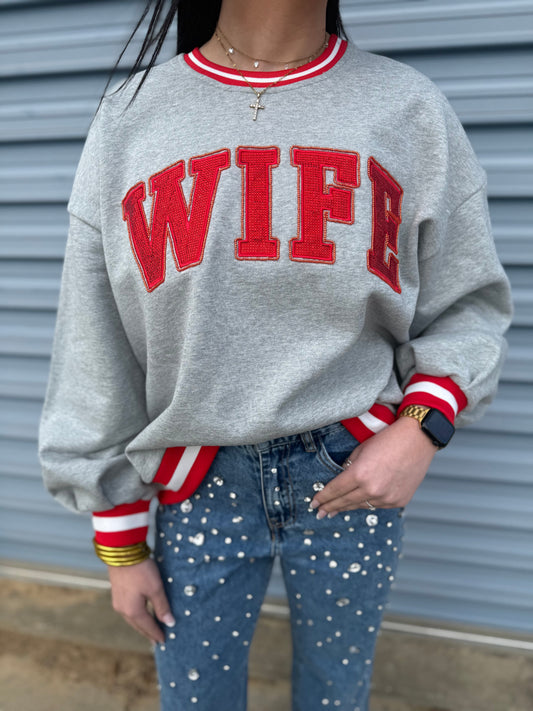 WIFE rhinestone beaded pullover