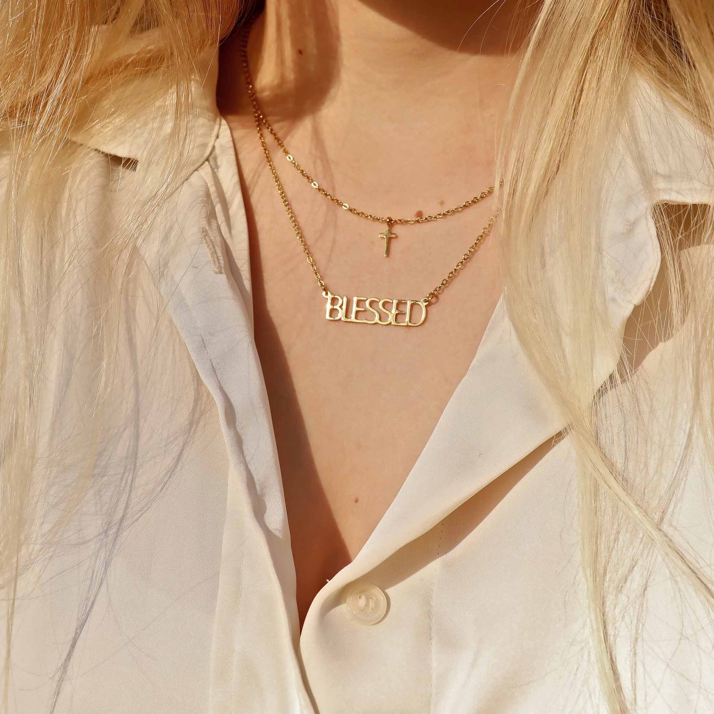 Stainless Steel "Blessed" Layered Cross Necklace: Stainless
