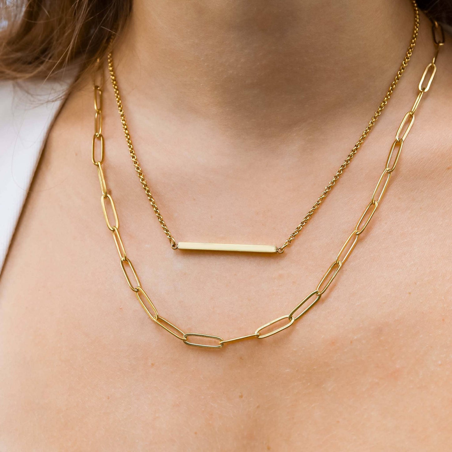 18K Gold PVD Stainless Steel Paperclip Layered Blank Bar Necklace: Gold