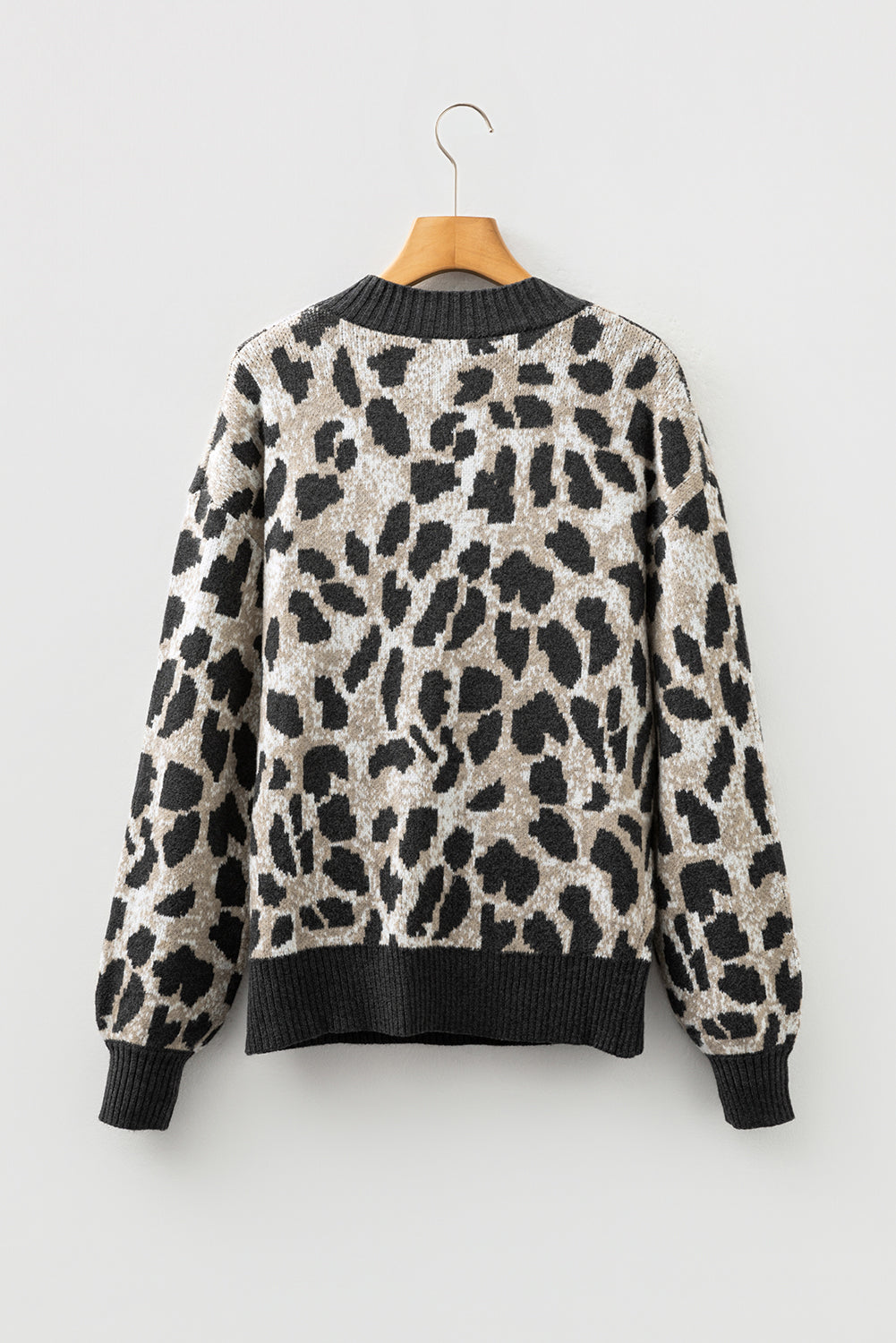 Carbon Grey Leopard Pattern Contrast Trim Round Neck Sweater