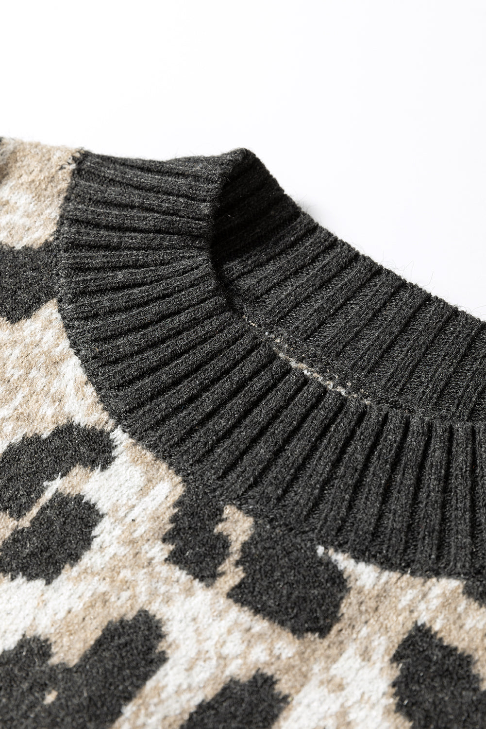 Carbon Grey Leopard Pattern Contrast Trim Round Neck Sweater