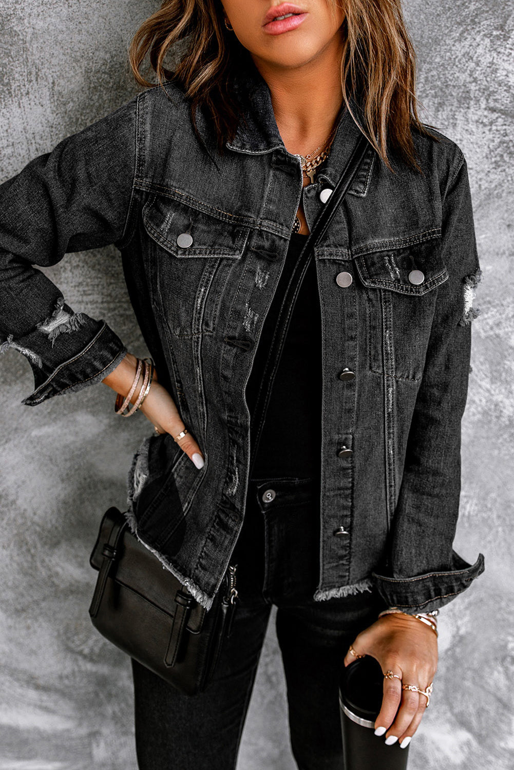 Denim Lapel Distressed Raw Hem Buttoned Jacket