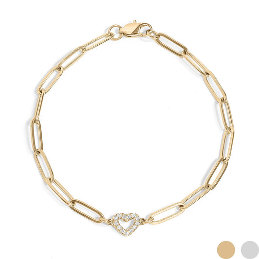18K Gold PVD Stainless Steel "Heart" Paperclip Bracelet: Gold