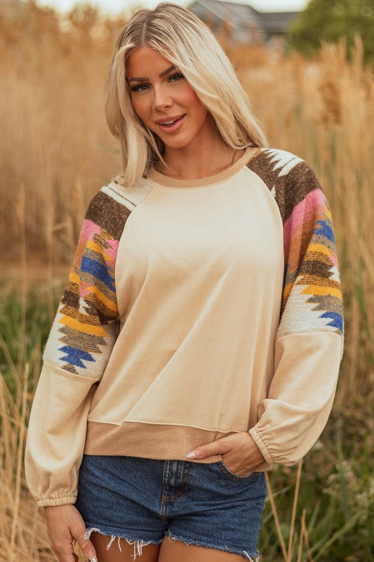 Logan Aztec Patchwork Raglan Pullover Sweatshirt