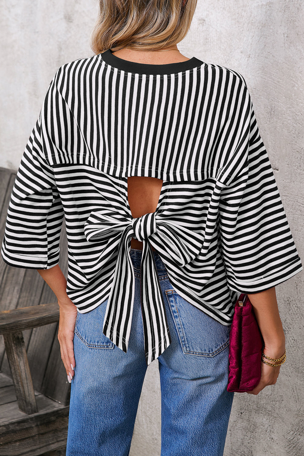 Red Striped Bowknot Backless T-Shirt