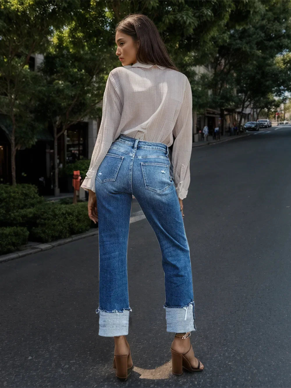 Stepped Waist Raw Hem Rolled Straight Jeans