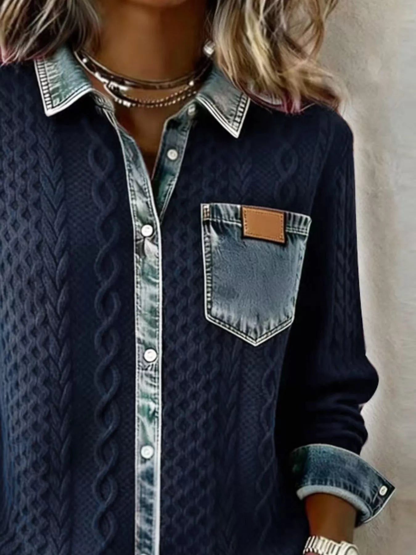 Denim Trim Cable Knit Cardigan