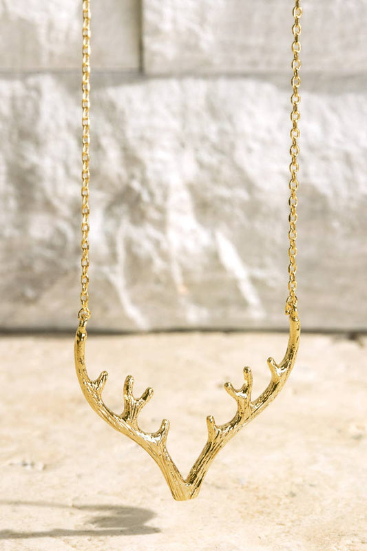 Brass Textured Metal Antler Short Necklace: Gold / OS