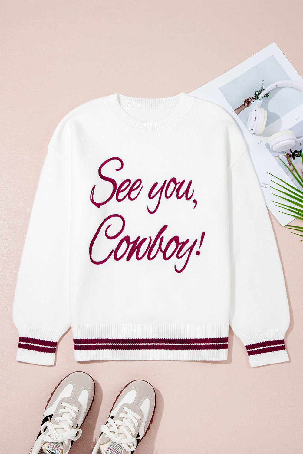 Peach Blossom Letter Embroidered Graphic Sweater