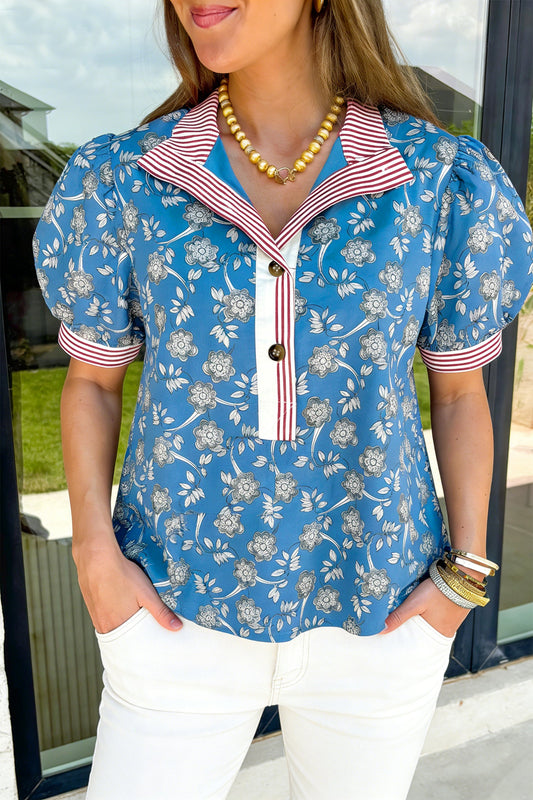 Blue Retro Floral Print Striped Trim Button Neck Short Sleeve Blouse