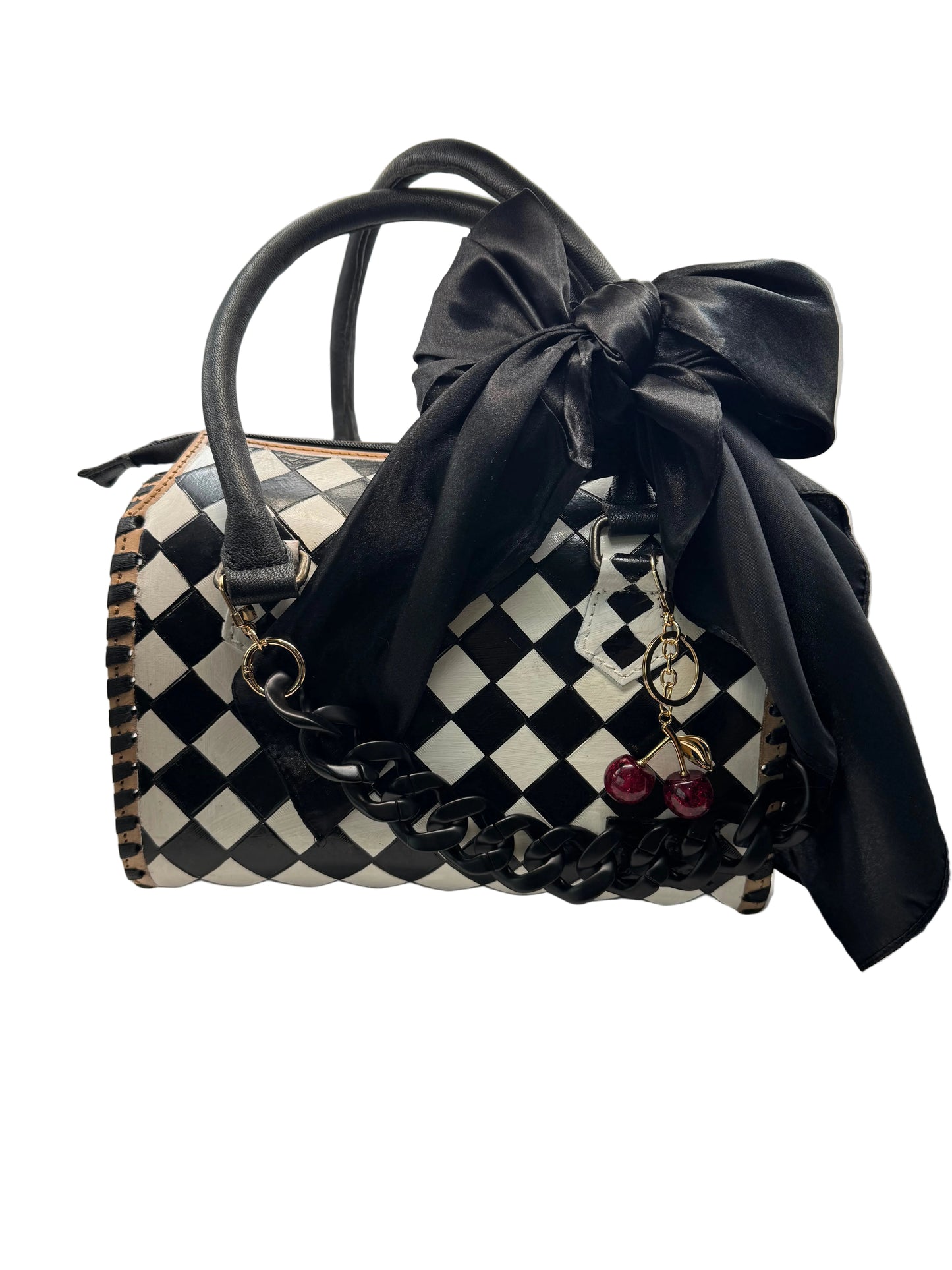 Black Cherry Checkered Speedy Bag -Genuine Leather