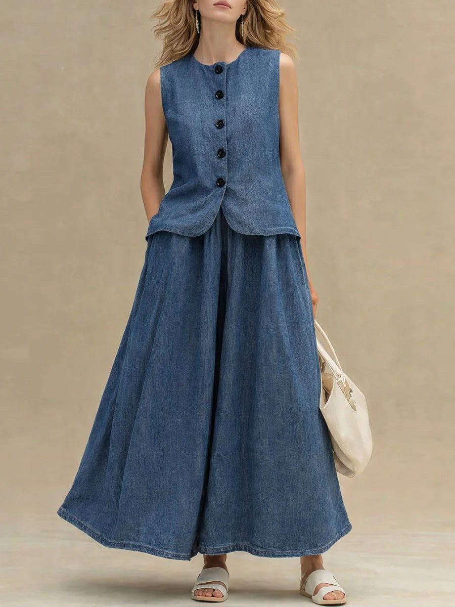 Women's Crew Neck Denim Vest Top & High-Waist A-Line Skirt Set – 3 Colors S–XXL