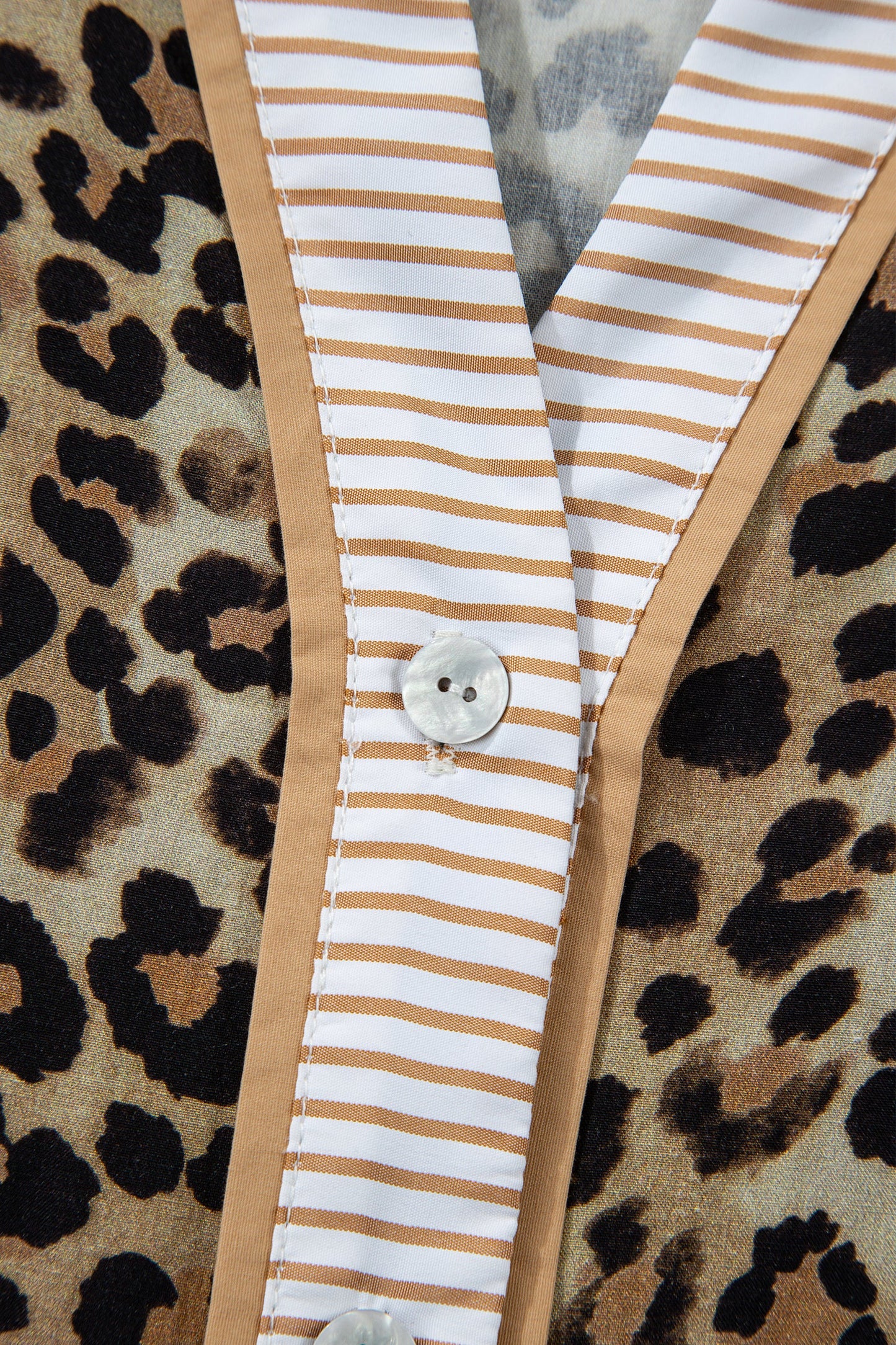 Khaki Contrast Striped Trim V Neck Leopard Shirt