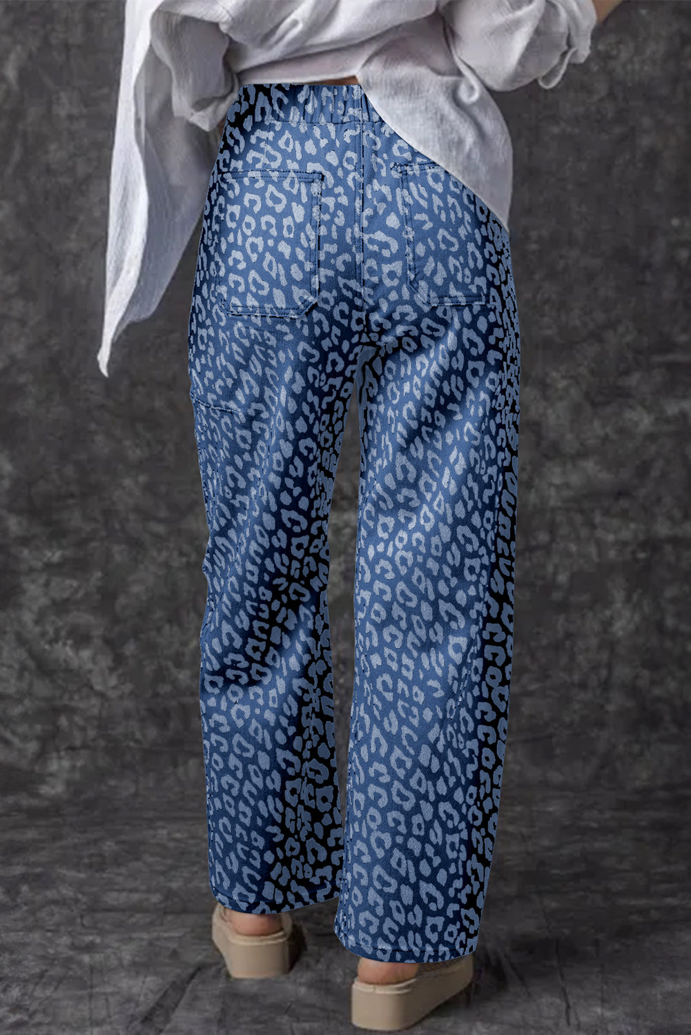 Blue Leopard Print Drawstring Waist Pocketed Wide Leg Jeans