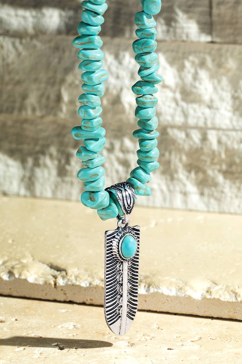 Semi Stone Feather Pendant Necklace: Turquoise(TQS) / OS