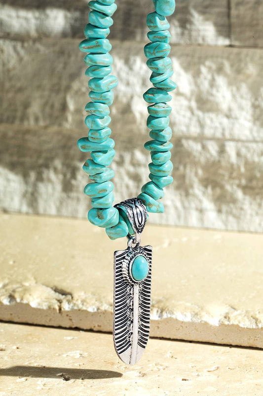 Semi Stone Feather Pendant Necklace: Turquoise(TQS) / OS