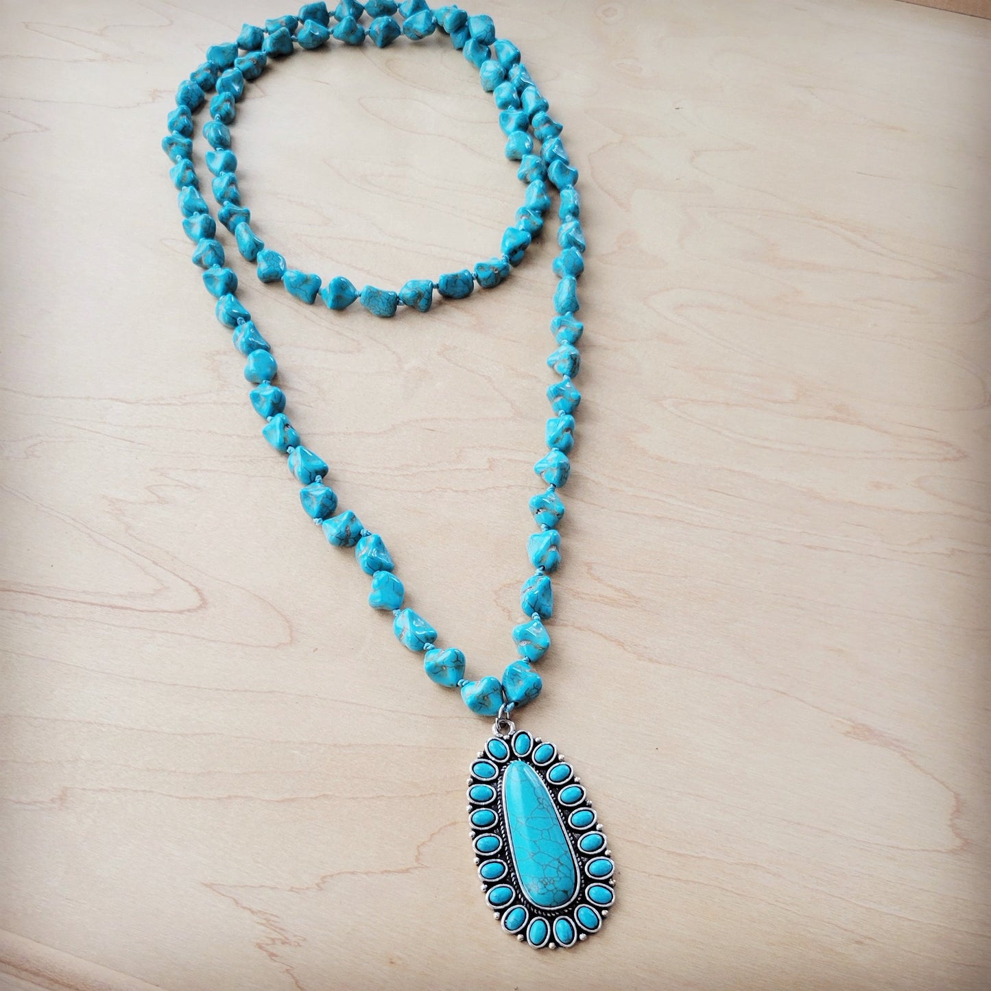 Long Western Turquoise Beaded Necklace w/ Squash Blossom Pendant 261w