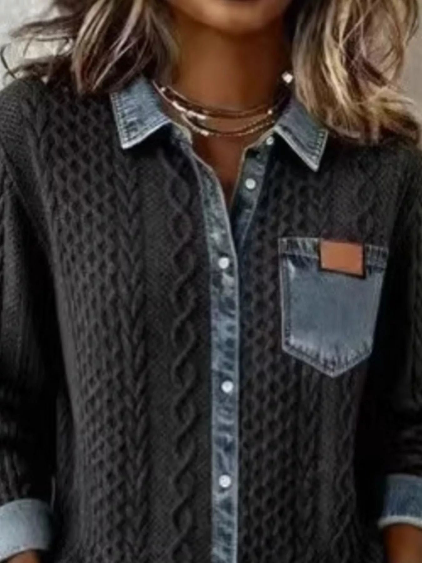 Denim Trim Cable Knit Cardigan