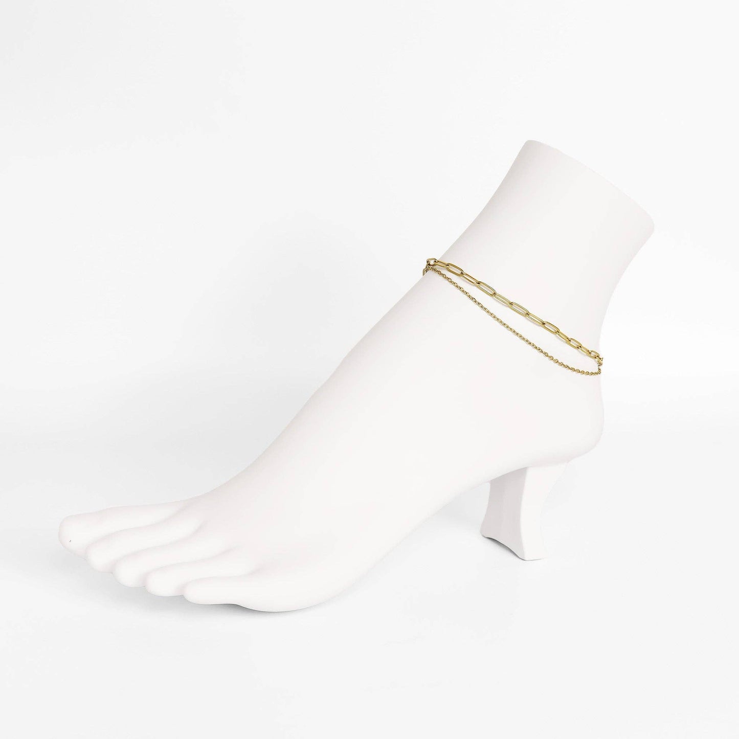 2 Row Stainless Steel Loop and Paperclip Chain Anklet: Gold