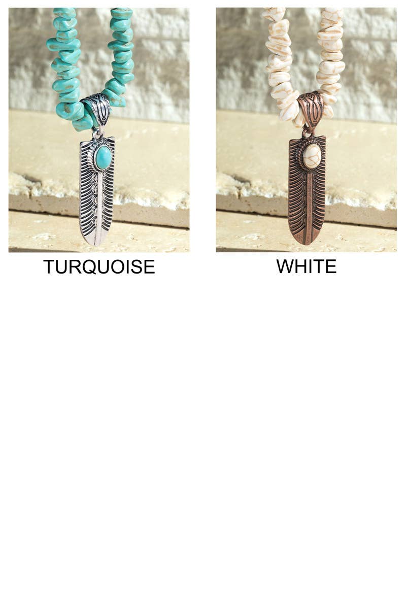 Semi Stone Feather Pendant Necklace: Turquoise(TQS) / OS