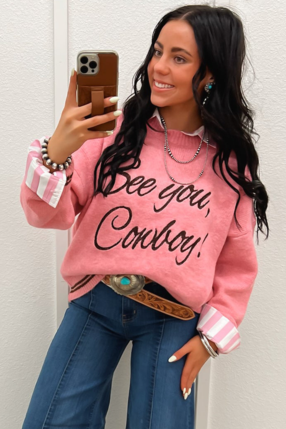 Peach Blossom Letter Embroidered Graphic Sweater
