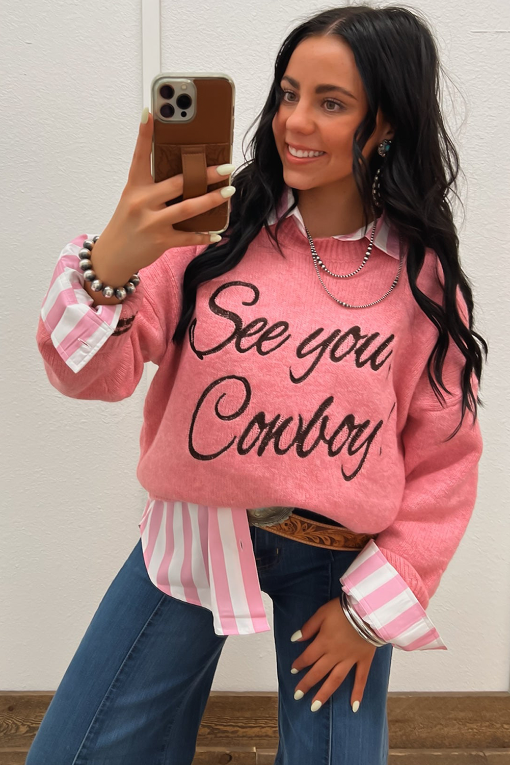 Peach Blossom Letter Embroidered Graphic Sweater