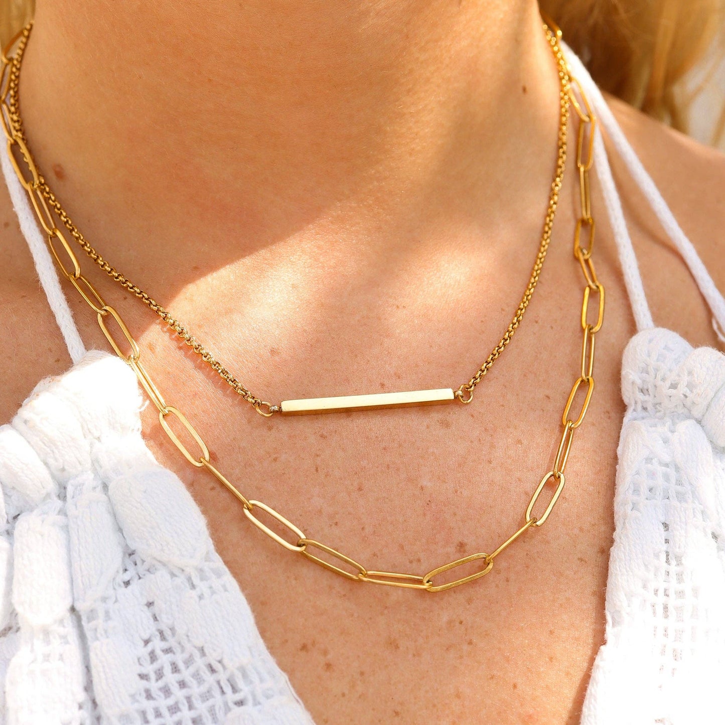 18K Gold PVD Stainless Steel Paperclip Layered Blank Bar Necklace: Gold
