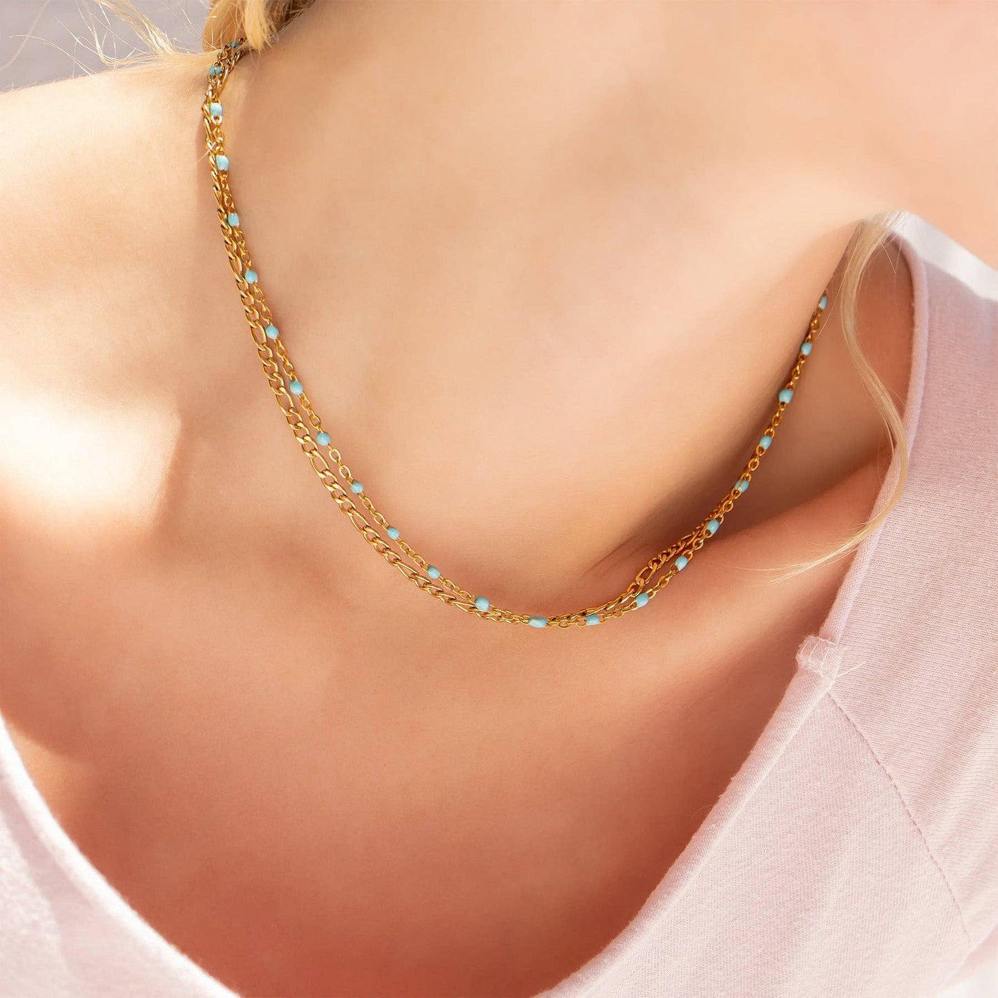 18K Gold Stainless Steel Turquoise Chain Necklace: Gold / 16+2"
