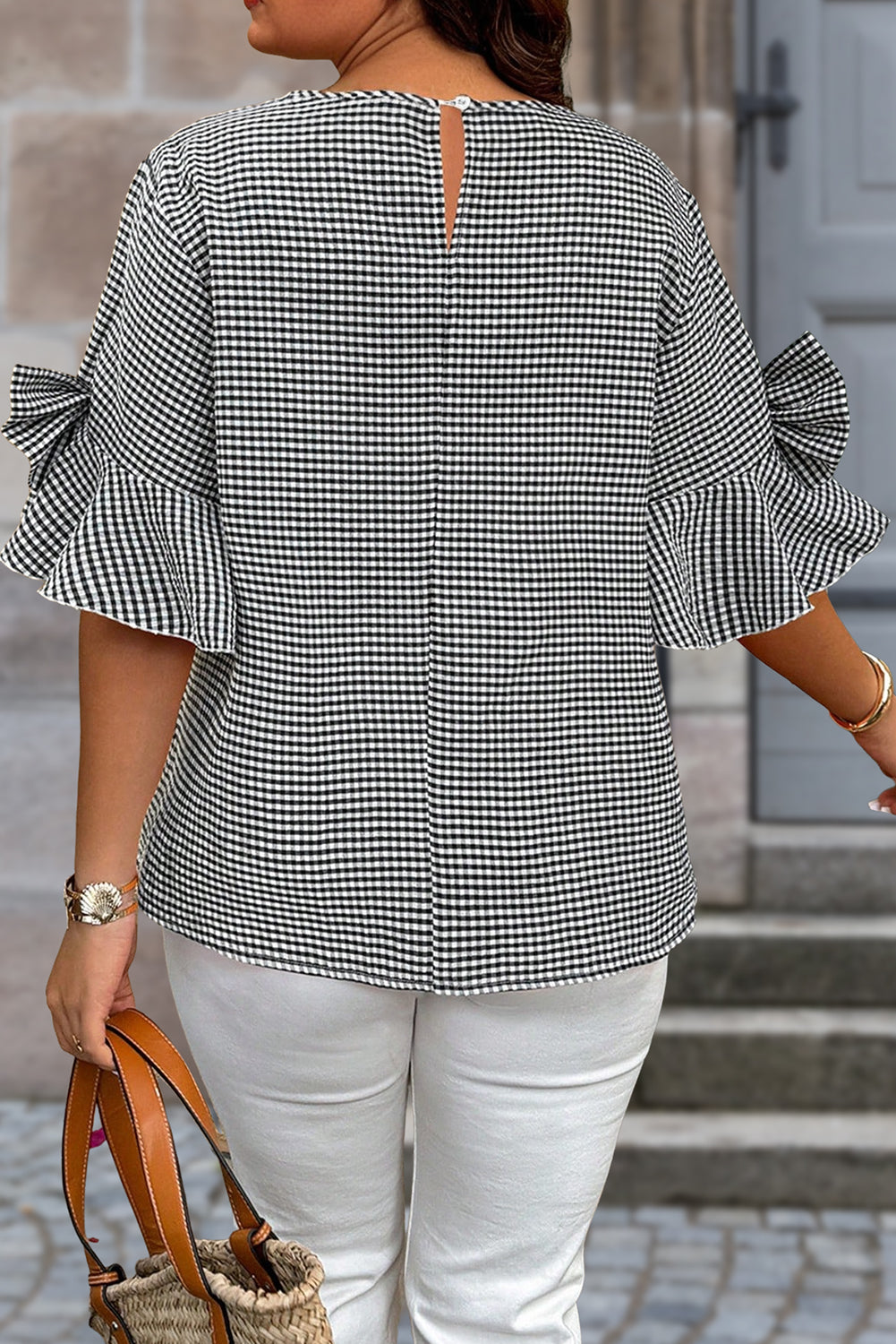 Black Plus Size Plaid Bow Decor Bell Sleeve Round Neck Jumper