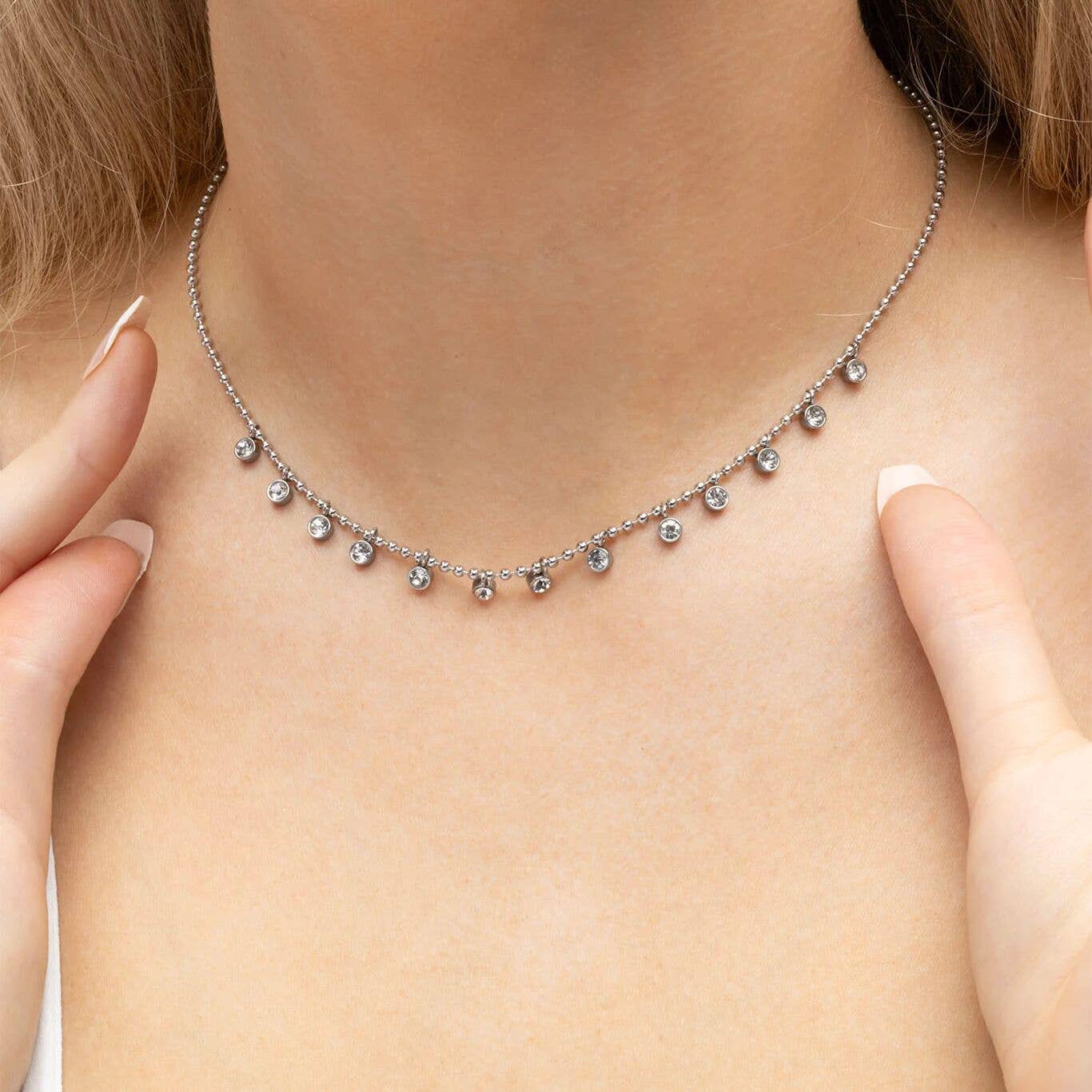 18K Gold PVD Stainless Steal Round Stone Dangle Necklace: Gold