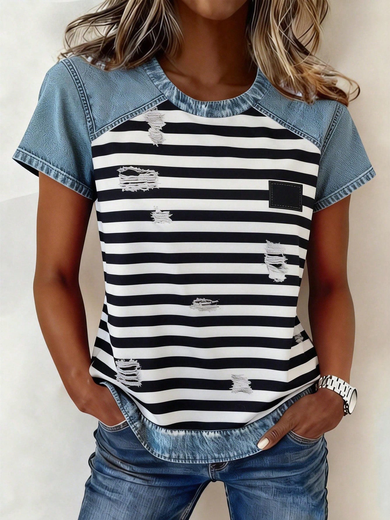Women's Retro Denim Patchwork Short-Sleeve Shirt – Loose Fit
