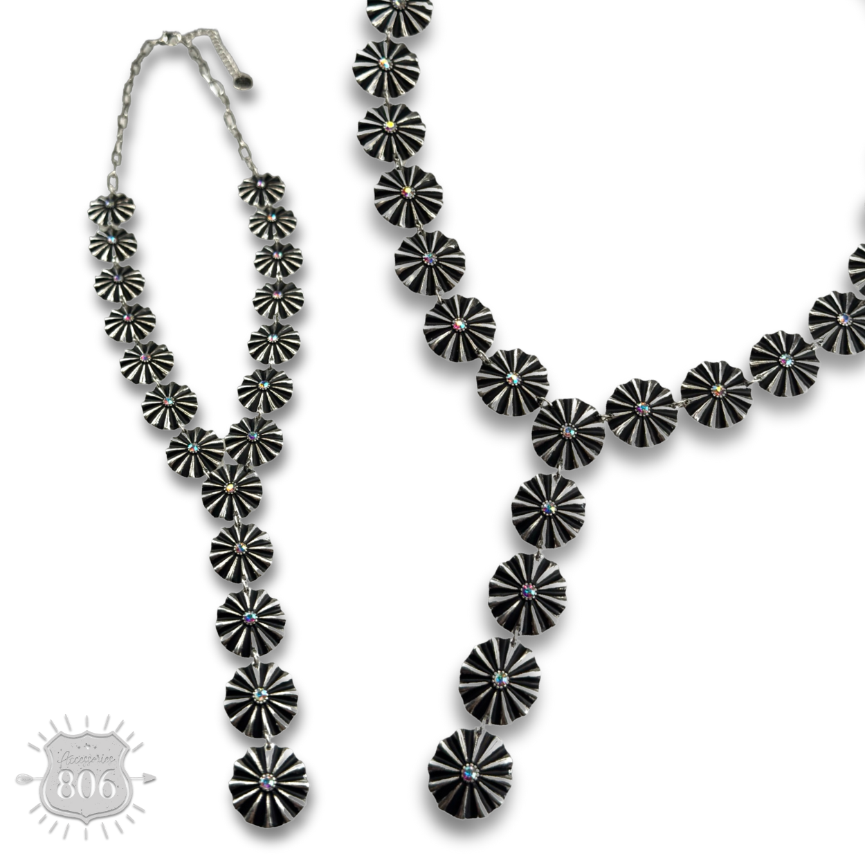 Starburst concho Y necklace with iridescent rhinestones