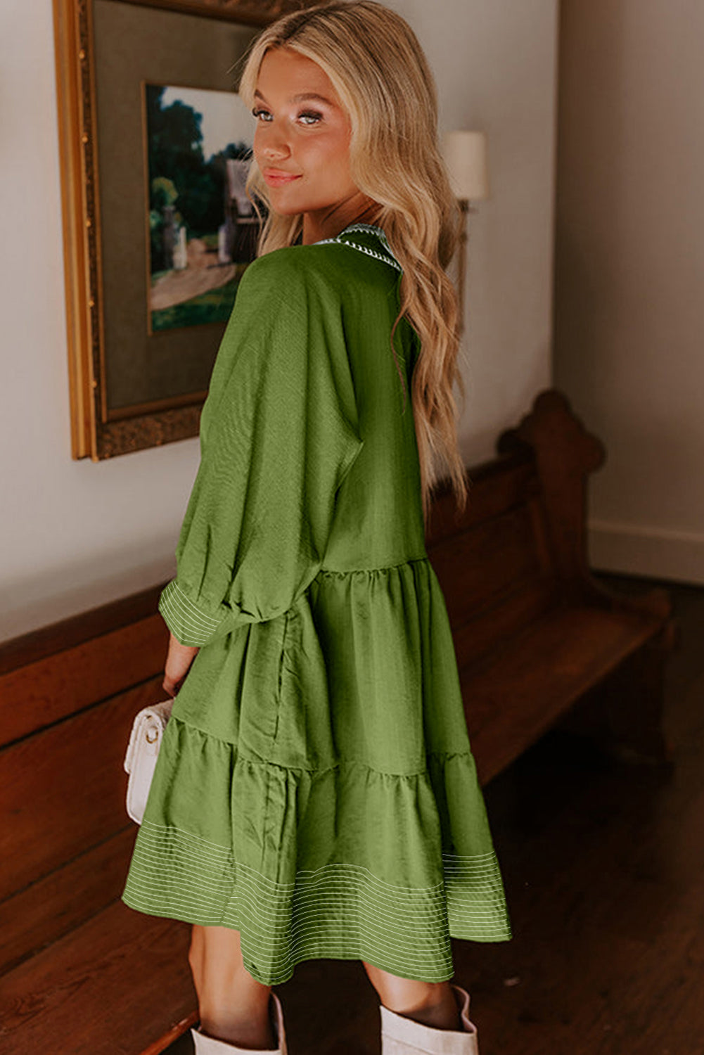 Jungle Green Contrast Stitched V Neck 3/4 Sleeve Swing Mini Dress