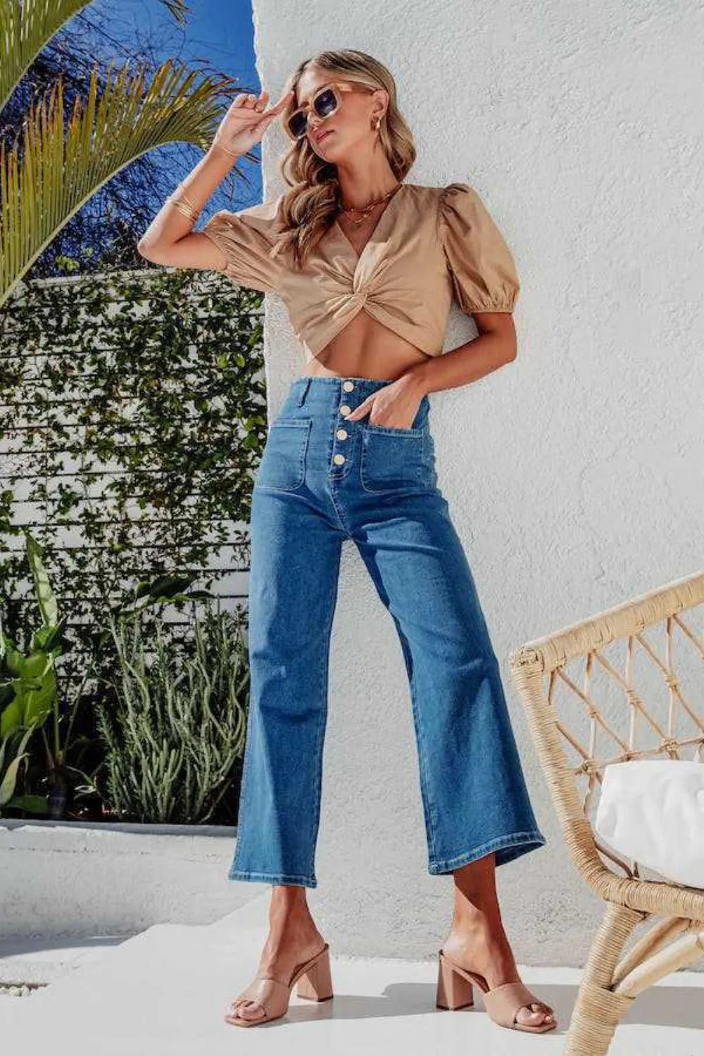 Button Fly Cropped Wide Leg Jeans