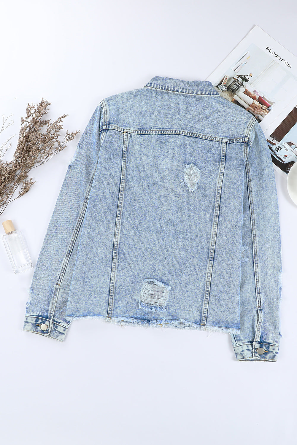 Denim Lapel Distressed Raw Hem Buttoned Jacket