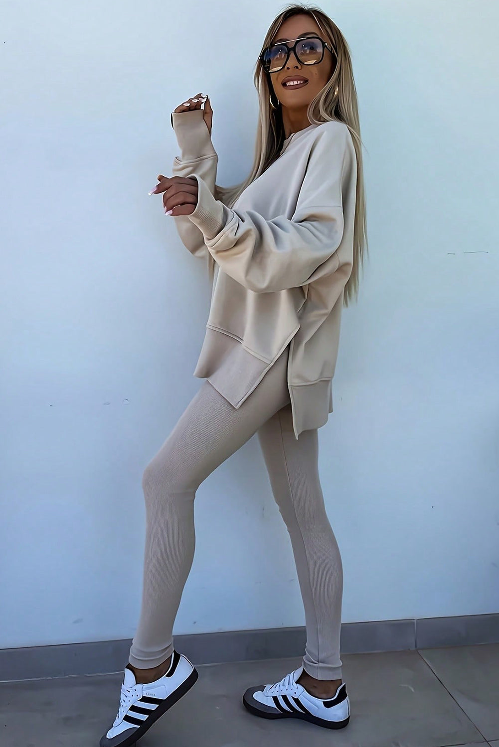Jet Stream Solid Color Oversize Slit Sweatshirt Ribbed Leggings Set