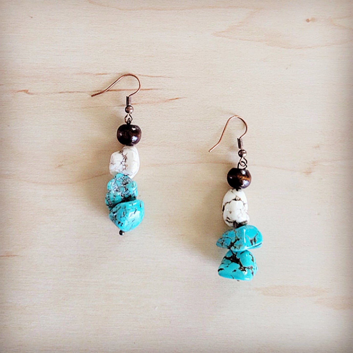 **White and Blue Turquoise w/ Wood Drop Earrings 200be